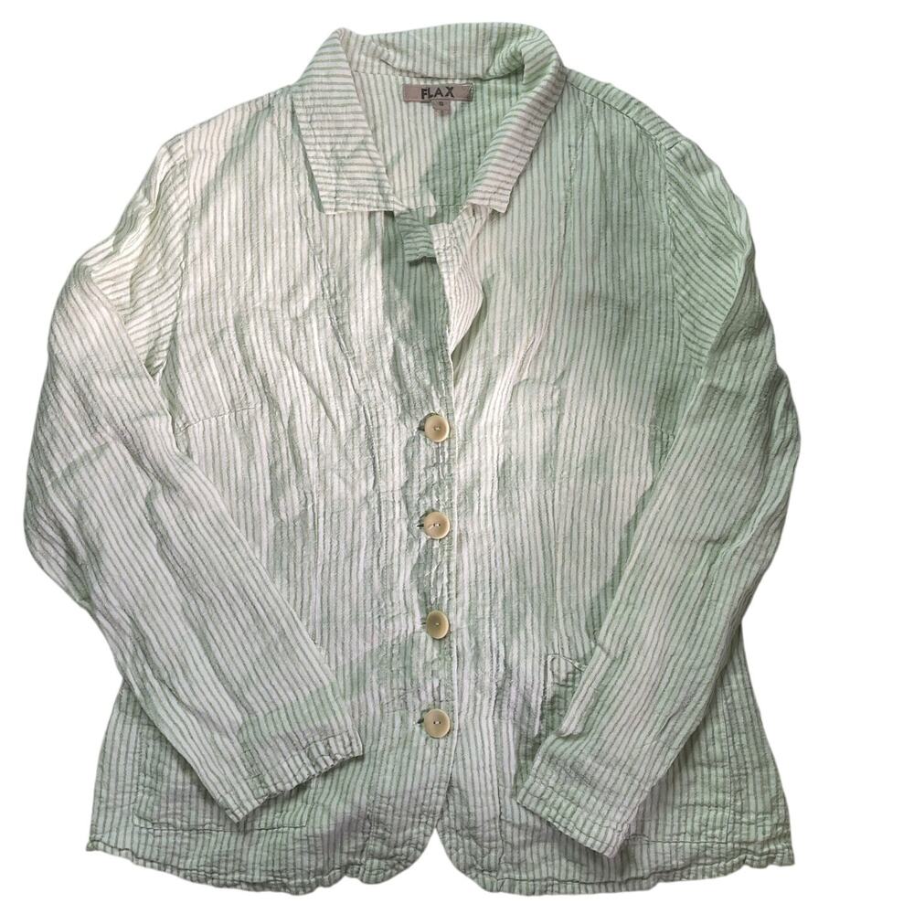 Flax Linen Jacket Blazer Coat Green Stripe Lagenlook Lightweight Pockets Small